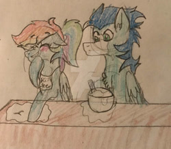 Size: 749x654 | Tagged: safe, artist:justcallmescaizor, derpibooru import, rainbow dash, soarin', pegasus, pony, cooking, female, male, mare, shipping, soarindash, stallion, straight, traditional art