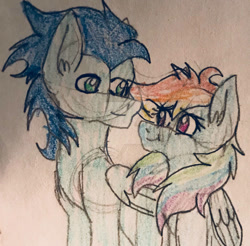 Size: 750x737 | Tagged: safe, artist:justcallmescaizor, derpibooru import, rainbow dash, soarin', pegasus, pony, female, male, mare, shipping, soarindash, stallion, straight, traditional art