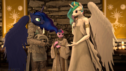 Size: 3840x2160 | Tagged: safe, artist:fireemerald123, derpibooru import, princess celestia, princess luna, twilight sparkle, alicorn, anthro, unicorn, 3d, armor, banner, book, candle, clothes, dress, helmet, realistic wings, robes, source filmmaker, staff, sword, sæla, tree of harmony, watermark, weapon, wings