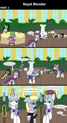 Size: 1920x3516 | Tagged: safe, artist:platinumdrop, derpibooru import, derpy hooves, princess platinum, rarity, spike, oc, oc:anon filly, dragon, pegasus, pony, unicorn, comic:royal blunder, 3 panel comic, accident, alternate universe, angry, armor, blood, bust, cake, cape, clothes, clumsy, comic, commission, crash, crown, crying, damaged, dazed, derpy being derpy, destruction, dialogue, drink, duster, ears, female, filly, floppy ears, flower, flying, foal, food, garden, gem, glowing, glowing horn, guard, head scratch, horn, i just don't know what went wrong, indoors, jewelry, lying down, m'lady, magic, maid, maid headdress, makeup, male, mare, monocle, nosebleed, offscreen character, open mouth, ouch, plant, pleading, princess, prone, regalia, royal, royalty, scrunchy face, shocked, sitting, spear, speech bubble, spread wings, stallion, statue, surprised, table, tablecloth, talking, tea, tea party, teapot, telekinesis, uniform, vase, walking, wall of tags, weapon, window, wings, wings down