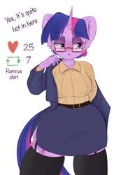 Size: 1411x2040 | Tagged: safe, artist:eventseem, derpibooru import, twilight sparkle, anthro, unicorn, breasts, clothes, ears, female, floppy ears, garter belt, glasses, incentive drive, jacket, mare, shirt, simple background, skirt, socks, solo, talking to viewer, teacher, text, thigh highs, undressing, white background, wide hips, zettai ryouiki