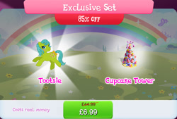 Size: 1266x857 | Tagged: safe, derpibooru import, idw, tootsie, pony, unicorn, g1, g4, bundle, costs real money, cupcake, english, female, food, gameloft, horn, idw showified, mare, mobile game, my little pony: magic princess, numbers, official, sale, solo, text