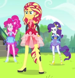 Size: 564x580 | Tagged: safe, derpibooru import, screencap, pinkie pie, rarity, sunset shimmer, cheer you on, equestria girls, equestria girls series, spoiler:eqg series (season 2), alternate hairstyle, boots, cape, clothes, evening gloves, female, fingerless elbow gloves, fingerless gloves, gloves, jewelry, knee-high boots, leg bracelet, leggings, long gloves, ponied up, shoes, sleeveless, smiling, spiked headband, super ponied up, tiara, trio, trio female