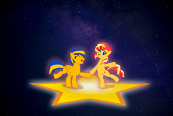 Size: 6016x4016 | Tagged: safe, artist:abarekiller2002, derpibooru import, sunset shimmer, oc, oc:flare spark, pegasus, pony, unicorn, dancing, eyes closed, female, happy, sky, space, stars