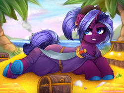 Size: 2666x2000 | Tagged: safe, artist:taiweiart, derpibooru import, oc, oc:black kraken pearl, oc:obsidian dread, pony, unicorn, beach, clothes, cloud, colored hooves, commission, cute, cutlass, ear piercing, earring, gold, hat, horn, jewelry, looking at you, lying down, male, money, ocean, outdoors, piercing, pirate, pirate hat, rule 63, sky, smiling, smiling at you, solo, sword, treasure, treasure chest, tree, unicorn oc, water, weapon