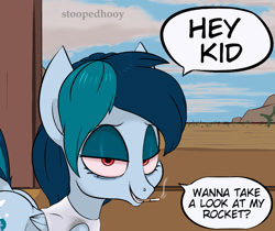 Size: 946x794 | Tagged: safe, artist:stoopedhooy, derpibooru import, oc, oc:delta vee, pegasus, pony, bags under eyes, bedroom eyes, cigarette, desert, dialogue, i need an adult, las pegasus, looking at you, pegasus oc, smiling, smiling at you, smoking, solo, tanktop