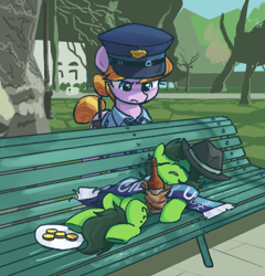 Size: 524x546 | Tagged: safe, artist:plunger, derpibooru import, copper top, oc, oc:anon filly, pony, /mlp/, 4chan, 4chan cup scarf, bench, bottle, clothes, drawthread, female, filly, foal, giddy up, hat, imported from twibooru, mare, meme, png, police, ponified, ponified meme, ponified photo, scarf, sleeping