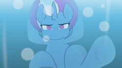 Size: 1280x720 | Tagged: safe, artist:vilord, derpibooru import, screencap, trixie, pony, unicorn, bubble, crepuscular rays, female, holding breath, horn, mare, ocean, puffy cheeks, solo, sunlight, swimming, trixie revenge, underwater, water, youtube link