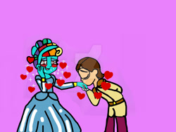 Size: 1032x774 | Tagged: safe, artist:iamscar2017, derpibooru import, rainbow dash, oc, oc:kayden lindsey, human, equestria girls, alternate hairstyle, blushing, canon x oc, cinderella, clothes, deviantart watermark, dress, female, gown, hand kiss, heart, male, obtrusive watermark, pink background, rainbow dash always dresses in style, simple background, smiling, sparkles, suit, watermark