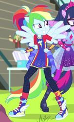 Size: 368x605 | Tagged: safe, derpibooru import, screencap, rainbow dash, sci-twi, twilight sparkle, better together, cheer you on, equestria girls, alternate hairstyle, big smile, boots, bracer, clothes, eyebrows, female, fist, grin, jewelry, knee-high boots, leggings, long shirt, offscreen character, offscreen female, pants, ponied up, pony ears, ponytail, raised eyebrow, regalia, shirt, shoes, sleeveless, sleeveless shirt, smiling, sneakers, socks, super ponied up, sweatpants, teeth, wings