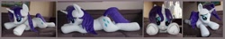 Size: 7600x1336 | Tagged: safe, artist:calusariac, derpibooru import, rarity, pony, unicorn, bedroom eyes, frog (hoof), irl, life size, lying down, photo, plushie, prone, solo, sploot, underhoof, wet, wet mane, wet mane rarity