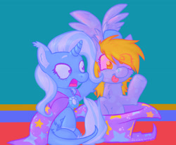 Size: 2048x1687 | Tagged: safe, artist:sludgefiend, derpibooru import, derpy hooves, trixie, pegasus, pony, unicorn, bunny out of the hat, eye clipping through hair, magic trick, open mouth, shocked, shocked expression, tongue, tongue out