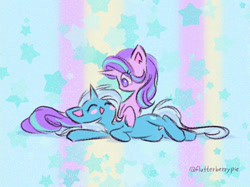 Size: 1342x1006 | Tagged: safe, artist:flutterberrypie, derpibooru import, starlight glimmer, trixie, pony, unicorn, blushing, duo, eyes closed, female, happy, lesbian, lying down, open mouth, open smile, shipping, smiling, startrix