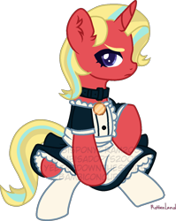 Size: 1018x1277 | Tagged: safe, artist:yeetmedownthestairs, derpibooru import, oc, oc only, oc:sunshine blaze, pony, unicorn, clothes, collar, commission, female, magical lesbian spawn, maid, mare, offspring, parent:starlight glimmer, parent:sunset shimmer, parents:shimmerglimmer, simple background, sitting, socks, solo, stockings, thigh highs, transparent background, unamused, ych result