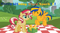 Size: 5340x3000 | Tagged: safe, artist:shield-wing1996, derpibooru import, sunset shimmer, oc, oc:flare spark, pegasus, pony, unicorn, equestria girls, birthday, female, happy, happy birthday, jumping, park, picnic, picnic blanket, present, smiling