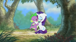 Size: 909x497 | Tagged: safe, artist:georgegarza01, derpibooru import, rarity, spike, dragon, pony, unicorn, age difference, blushing, child, disney, duo, ears back, eyes closed, female, forest, hooves on cheeks, hundred acre wood, kiss mark, kiss on the lips, kissing, lidded eyes, lipstick, male, mare, shipping, sparity, straight, winged spike, wings, winnie the pooh