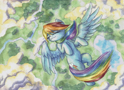 Size: 6948x5043 | Tagged: safe, artist:the-wizard-of-art, derpibooru import, rainbow dash, pegasus, pony, g4, absurd file size, absurd resolution, belly, cute, dashabetes, eyebrows, eyes closed, female, floating, flying, mare, peaceful, smiling, solo, spread wings, traditional art, watercolor painting, wings