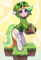 Size: 2259x3285 | Tagged: safe, artist:astralblues, derpibooru import, oc, oc only, oc:lemonswoosh, pony, unicorn, bipedal, clothes, cosplay, costume, creeper (minecraft), cute, ears, eye clipping through hair, eyebrows, eyebrows visible through hair, female, floppy ears, high res, hoodie, horn, mare, minecraft, ocbetes, solo, tongue, tongue out, unicorn oc