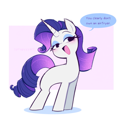 Size: 1703x1689 | Tagged: safe, artist:syrupyyy, derpibooru import, rarity, pony, unicorn, g4, blushing, clearly you don't own an air fryer, dialogue, eyebrows, female, horn, lidded eyes, mare, meme, missing cutie mark, open mouth, passepartout, signature, simple background, solo, sparkly mane, speech bubble, white background