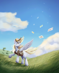 Size: 2000x2500 | Tagged: safe, artist:calebpedigo, derpibooru import, derpy hooves, pegasus, pony, bag, blown away, cloud, derp, female, frown, grass, hill, i just don't know what went wrong, letter, mailbag, mailmare, mare, sad, signature, sky, solo, tree, wind, windswept mane