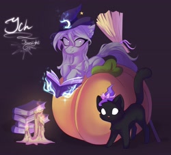 Size: 4096x3713 | Tagged: safe, artist:jsunlight, derpibooru import, oc, cat, pony, book, candle, commission, halloween, hat, holiday, magic, pumpkin, signature, solo, witch, witch hat