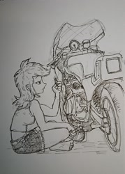 Size: 1622x2271 | Tagged: safe, artist:daisymane, derpibooru import, rainbow dash, human, equestria girls, female, grayscale, monochrome, motorcycle, sitting, solo, traditional art