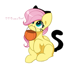Size: 3741x3362 | Tagged: safe, artist:kittyrosie, derpibooru import, fluttershy, pegasus, pony, blush lines, blushing, clothes, costume, cute, daaaaaaaaaaaw, female, fluttercat, halloween, halloween costume, heart, heart eyes, holiday, mare, mouth hold, pumpkin bucket, shyabetes, simple background, sitting, weapons-grade cute, white background, wingding eyes