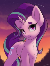 Size: 1900x2500 | Tagged: safe, artist:skitsroom, derpibooru import, starlight glimmer, pony, unicorn, g4, chest fluff, colored eyebrows, cute, eyebrows, female, glimmerbetes, high res, horn, looking at you, mare, outdoors, shooting star, signature, sky, smiling, smiling at you, solo, stars