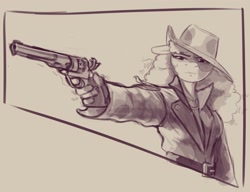 Size: 2048x1573 | Tagged: safe, artist:shouldbedrawing, derpibooru import, oc, oc only, oc:golden rose, anthro, earth pony, fallout equestria, clothes, cowboy hat, fallout equestria oc, female, gun, handgun, hat, mare, monochrome, revolver, sepia, solo, trenchcoat, weapon