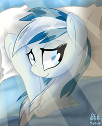 Size: 1709x2096 | Tagged: safe, artist:notadeliciouspotato, derpibooru import, oc, oc only, oc:serene dive, earth pony, blanket, chest fluff, crepuscular rays, female, lidded eyes, mare, morning, morning ponies, pillow, signature, smiling, solo