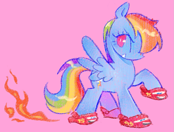 Size: 1075x817 | Tagged: safe, artist:shugrcube, derpibooru import, rainbow dash, pegasus, pony, cars (pixar), clothes, crocs, fire, grin, lightning mcqueen, pink background, raised hoof, raised leg, shoes, simple background, smiling, solo, spread wings, wings