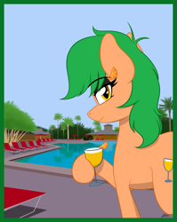 Size: 1592x2000 | Tagged: safe, artist:seafooddinner, derpibooru import, oc, oc only, earth pony, pony, drink, earth pony oc, looking at you, outdoors, passepartout, smiling, solo, swimming pool, tree