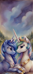 Size: 440x968 | Tagged: safe, ai content, derpibooru import, machine learning generated, princess celestia, princess luna, alicorn, pony, crown, duo, female, hoof shoes, jewelry, mare, regalia, royal sisters, scenery, siblings, sisters, sky