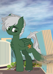 Size: 1800x2500 | Tagged: safe, artist:just rusya, derpibooru import, oc, oc only, oc:summer breeze, pegasus, pony, :3, building, car, chest fluff, city, destruction, giant pony, head tilt, hoofprints, kicking, looking back, macro, male, raised hoof, raised leg, smiling, solo, stallion, street