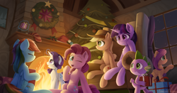Size: 2700x1420 | Tagged: safe, artist:emeraldgalaxy, derpibooru import, applejack, fluttershy, pinkie pie, rainbow dash, rarity, spike, twilight sparkle, dragon, earth pony, pegasus, pony, unicorn, g4, applejack's hat, chair, chest fluff, christmas, christmas tree, christmas wreath, clothes, cowboy hat, ear fluff, ears, eye clipping through hair, eyebrows, eyebrows visible through hair, eyes closed, female, fire, fireplace, folded wings, freckles, glowing, glowing horn, hat, hearth's warming eve, holiday, horn, indoors, levitation, looking at you, magic, magic aura, male, mane seven, mane six, mare, night, one eye closed, open mouth, present, raised hoof, raised leg, septet, signature, sitting, smiling, smiling at you, snow, sofa, telekinesis, tree, window, wings, wink, winking at you, wreath