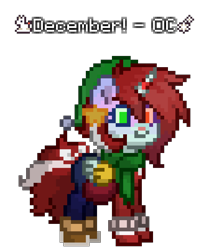 Size: 896x1072 | Tagged: safe, artist:thatmlpartist, derpibooru import, oc, oc only, oc:december, alicorn, pony, alicorn oc, boots, christmas, clothes, female, hearth's warming, heterochromia, holiday, horn, pony town, scarf, shoes, simple background, solo, transparent background, wings