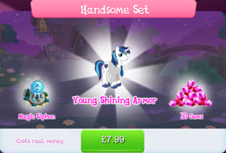 Size: 1267x857 | Tagged: safe, derpibooru import, idw, shining armor, starlight glimmer, pony, unicorn, bundle, bush, clothes, costs real money, english, gameloft, gem, horn, idw showified, implied princess cadance, magic, male, messy mane, mobile game, my little pony: magic princess, necktie, numbers, official, sale, shirt, solo, solo focus, stallion, text