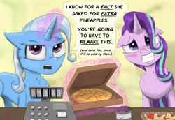 Size: 2300x1584 | Tagged: safe, artist:chopsticks, derpibooru import, starlight glimmer, trixie, pony, unicorn, blushing, cash register, cheek fluff, chest fluff, comic, dialogue, duo, duo female, ears, embarrassed grin, female, floppy ears, food, karen, looking at you, magic, mare, pineapple, pineapple pizza, pizza, pizza box, talking to viewer, telekinesis, text, that pony sure does love pineapple pizza, tip jar, wide smile