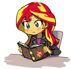 Size: 500x485 | Tagged: safe, artist:baekgup, derpibooru import, sunset shimmer, human, equestria girls, blushing, cropped, cute, friendship journal, journal, reading, shimmerbetes, simple background, solo, white background