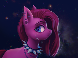 Size: 2231x1651 | Tagged: safe, artist:bananitryi, derpibooru import, pinkie pie, earth pony, pony, alternate hairstyle, blue eyes, chains, choker, collar, crying, ear piercing, eyebrow piercing, eyebrows, eyelashes, gauges, piercing, pink coat, pink hair, pinkamena diane pie, punk, punkie pie, snout, solo, spiked choker, spiked collar, straight hair