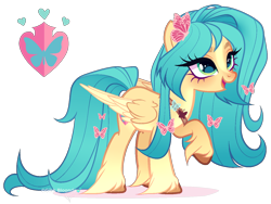 Size: 1420x1066 | Tagged: safe, artist:gihhbloonde, derpibooru import, oc, oc only, butterfly, pegasus, pony, blaze (coat marking), coat markings, colored wings, colored wingtips, cutie mark, eye clipping through hair, facial markings, female, folded wings, gradient legs, gradient mane, gradient tail, green eyes, lightly watermarked, long tail, looking up, mare, offspring, open mouth, open smile, parent:fluttershy, parent:hitch trailblazer, pegasus oc, raised hoof, raised leg, sash, simple background, smiling, solo, standing, tail, transparent background, unnamed oc, unshorn fetlocks, watermark, wings