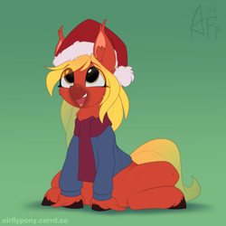 Size: 1200x1200 | Tagged: safe, artist:airfly-pony, derpibooru import, oc, oc only, oc:peaches, earth pony, 2020, christmas, clothes, ear fluff, ears, eye clipping through hair, female, gradient background, hat, holiday, looking up, open mouth, open smile, patreon, patreon reward, santa hat, scarf, sitting, smiling, solo, sweater, unshorn fetlocks