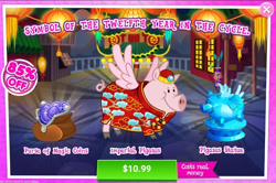 Size: 1000x662 | Tagged: safe, derpibooru import, pig, animal, clothes, cloven hooves, costs real money, english, flying pig, gameloft, hat, mobile game, my little pony: magic princess, text, unnamed character