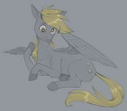 Size: 1500x1300 | Tagged: safe, artist:stray prey, derpibooru import, derpy hooves, pegasus, pony, :p, blushing, derp, frog (hoof), gray background, lying down, raspberry, simple background, smiling, solo, tongue, tongue out, underhoof