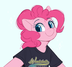 Size: 869x809 | Tagged: safe, artist:higglytownhero, derpibooru import, pinkie pie, earth pony, pony, semi-anthro, bust, clothes, female, looking at you, mare, shirt, simple background, smiling, smiling at you, solo, sparkles, spread arms, t-shirt, wonderbolts