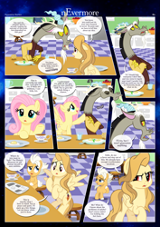 Size: 3259x4607 | Tagged: safe, artist:estories, derpibooru import, discord, fluttershy, oc, oc:alice goldenfeather, oc:fable, draconequus, pegasus, pony, comic:nevermore, apple, comic, egg, female, food, fork, glass of water, hmpf, male, mare, newspaper, stallion, tea, water, wings