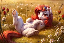 Size: 2176x1490 | Tagged: safe, ai content, derpibooru import, generator:easyfluff v11.2, machine learning generated, oc, oc only, earth pony, butt, chest fluff, dock, dock fluff, ear fluff, ears, female, flower, flower in hair, fluffy, leg fluff, looking at you, lying in grass, lying on the ground, mare, on back, outdoors, plot, prompter:aiponyanon, smiling, smiling at you, solo, underhoof, unnamed oc