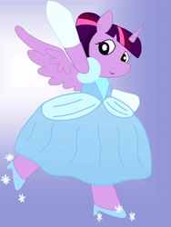 Size: 3024x4032 | Tagged: safe, artist:joeysclues, derpibooru import, twilight sparkle, twilight sparkle (alicorn), alicorn, pony, alternate hairstyle, bipedal, cinderella, clothes, dress, evening gloves, female, glass slipper (footwear), glass slippers, gloves, gown, long gloves, mare, smiling, solo, sparkles, spread wings, standing, wings