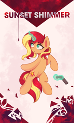 Size: 3000x5000 | Tagged: safe, artist:stravy_vox, derpibooru import, sunset shimmer, pony, unicorn, abstract background, control, crossover, female, gun, magic, mare, solo, telekinesis, weapon