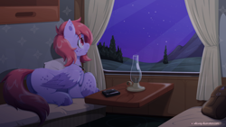 Size: 1920x1080 | Tagged: safe, artist:willoillo, derpibooru import, oc, oc only, pegasus, pony, butt, cassette player, headphones, lantern, night, pegasus oc, plot, solo, stars, train, window